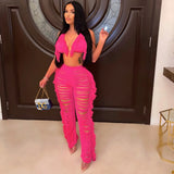 Yipinpay Women's Sexy Solid Color Fringe Knitted Halter Cup Cover And Cutout Trousers Two-Piece Set Summer Fashion Trend Trouser Suit