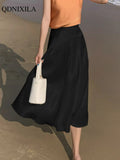 Yipinpay Summer New Women's Skirts Fashion Elegant Acetic Acid Fabric Midi Length High Waist Streetwear Satin Thin White Woman Skirt