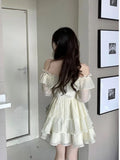 Yipinpay Sleeve Elegant Mini Dress Lolita Pure Color Short Party Dress Woman Casual 2024 Spring Sweet One Piece Dress Korean Fashion