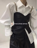 Yipinpay Loose Bubble Sleeved Shirt Y2k White Shirts Women Chain PU Leather Vest Top Blusas Mujer De Moda 2023 Casual 2 Sets