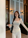 Yipinpay Korean Style Long-sleeved Ripped Thin Knitted Sunscreen Blouse T-shirt Tops With Small Tube Top Fashion Women's Clothing