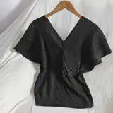 Yipinpay V-neck Minimalist T-shirts Bat Sleeve Pleated Spring Summer New Korean Solid Fashion Short Sleeve Top Casual Blouse Shirts