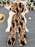 Yipinpay Beach Summer Floral Jumpsuits Fashion V Neck Elastic Slim Short Sleeve 2024 Streetwear Vacation Retro Long Rompers
