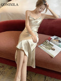 Yipinpay Summer Women's Dress Satin Swinging Collar French Designer Chic Elegant Fashion Casual Evening Party Sexy Sling Dresses
