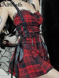Yipinpay Mall Gothic Red Plaid Dress Women Streetwear Harajuku Emo Alt Lace Patchwork Bandage Corset Dress Y2k Cute Lolita Dress