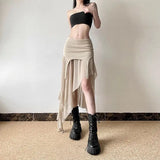 Yipinpay Spicy Girl Style Light and Thin Split Mesh Irregular Skirt for Women High Waist Slim Versatile Mid Length y2k Skirt