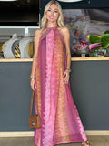 Yipinpay Tie-dye Halter Maxi Dress For Women 2024 Summer Elegant Sleeveless Long Beach Dress Female Street Holiday Lady Robe