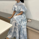 Yipinpay Stand Drawstring Lace Up Fly Sleeve Chiffon Dress Women Vestidos De Mujer Blue Print Ink Dresses Summer Robe