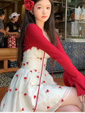 Yipinpay Sweet Fashion 2 Piece Dress Set Woman Red Knitted Short Cardigan + Print Sleeveless Y2k Mini Dress Korean Style Suit