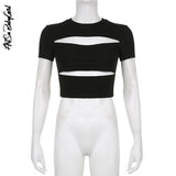 yipinpay Crop Top Short Sleeve T Shirt Women Cut Out Top Y2k Streetwear Solid Color Irregular Hollow Out Knitted Top Women Clothing