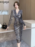 Yipinpay Woman Dress Leopard Printed V Neck Long Sleeve Autumn Winter Fashion French Style Slim Elegant Dresses Ladies Sexy