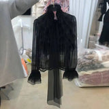 Yipinpay Femininas Elegantes Stand Neck Bow Ruffle Long Sleeve Casual Shirt Top Women Perspective Black Mesh Shirts Blouse