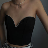 Yipinpay Shiny Rhinestone Trim Bandeau Tube Tops Fashion Women Summer Tank Tops Sleeveless Deep V-neck Strapless Wrap Tops