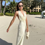 Yipinpay Ruched Backless Dress Women Halter Bodycon Long Dress Women Off Shoulder Sexy Summer Dresses Woman Evening Party Dresses