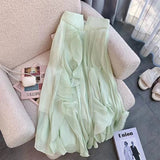 Yipinpay Tops Camis Sexy Beach Sleeveless Blouse Strapless Green Floral Shirts Double Layer Ruffle Skirt 2 Piece Sets Print Retro