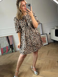 Yipinpay Short Puff Sleeve Leopard Mini Dress Women 2024 Elegant Lace Up Round Neck Short Dress Summer Loose Casual Beach Dress