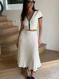Yipinpay Knitted Patchwork Long Skirt Sets Women V-neck Short Sleeve Tops High Waist Midi Skirts 2 Pieces Sets Summer Chic Suits