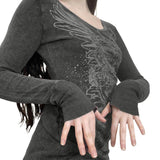 Yipinpay Women Gothic T-shirts Fall Winter 2023 Vintage Top y2k Clothing Graphic Fairy Grunge Aesthetic Long Sleeve Top Streetwear