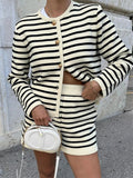 Yipinpay Striped Knit 2 Piece-Set Shorts Women Fashion Zebra Printed Cardigan And High Waist Patchwork Shorts Sets Knitwear Outfits
