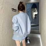 Yipinpay Fashion Two Piece Set Women Letter Print Solid Zipper Loose Coat Pockets High Waist Mini Skirt Spring Autumn Elegant Sets