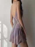 Yipinpay Women's Sexy Sheer Mesh Cami Dress Tie-dye Print V-neck Sleeveless Backless See-Through High Split Mini Dress E-Girl Streetwear