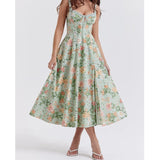 Yipinpay 2024 Women French Style Floral Print A-line Midi Sling Dress Sexy Sleeveless Front Slit Female Holiday Party Summer Dress