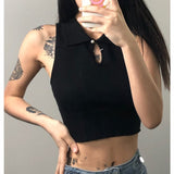 Yipinpay Women Knit Vest Crop Tops Sleeveless Turn-down Collar Hollowed Solid Slim Fit Summer Club Party Tanks Streetwear