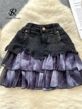 Yipinpay Fashion Sexy Mini Skirt Women Chiffon Ruffled Edge Patchwork Denim Skirts American Vintage A Line Hotsweet Skirt