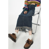yipinpay Women Blue Denim Half Body Skirt Tassels Bottoms High Waist Casual Korean Mid Length Skirt Baggy Vintage Female Long Skirt