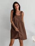Yipinpay Cotton Linen Casual Dresses Lace Up Summer Vacation Spaghetti Strap Dress Oversize V-Neck Women Backless Dress 2023