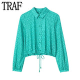 Yipinpay Print Crop Top Women Cropped Button Up Shirt Women Collared Long Sleeve Shirts And Blouses Woman Streetwear Summer Tops