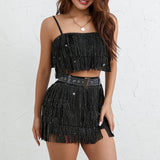 Yipinpay Fashion Women Acute Summer 2PCS Outfit Sets Sleeveless Sequins Sling Vest + Tassel Mini Skirt With Belt Club Street Style