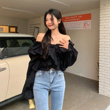 Yipinpay Off Shoulder Blouse Women Slash Neck Ruffles Crop Tops Drawstring Criss Cross V Neck Butterfly Sleeve Chic Ladies Shirts