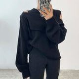 Yipinpay Korean Chic Women Sweater Elegant Hollow Out Off Shoulder Patchwork Loose Knitted Tops Office Lady Fashion Pullover