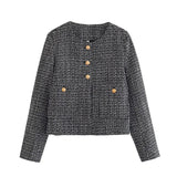 Yipinpay Autumn Women Single Breasted Tweed Jacket Round Neck Long Sleeve Elegant Female Chic Crop Outerwear