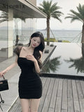 Yipinpay Mesh Spliced Folded Suspended Dresses for Women Spring/Summer Sexy Hip Wrap Slim Fit Sleeveless Spicy Girl Short Dress