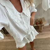 Yipinpay Doll Collar Shirts Shorts Suit Women Puff Short Sleeve Single Breasted Blouses Loose Short Pants 2024 Summer Casual Set