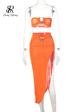 Yipinpay Irregular Women Summer Sets 2024 Party Slim Solid Elastic Waist Split Sets Elegant Ladies Romantic Sexy Two Piece Sets