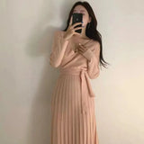 Yipinpay Piece V Neck Slim Bandage Waist High Black Pleated Dress Women Long Wild Sexy Knit Dress Casual Sweater Autumn Solid Retro