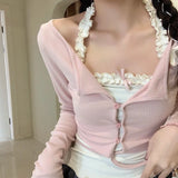 Yipinpay 2 Piece Set Woman Pink Long Sleeve Fashion Tops Basic Casual Korean Style Blouse Design Kawaii Clothing 2024 Summer Chic