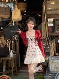 Yipinpay New Red Casual Crop Tops Cardigan Sweet Lace Y2k Mini Dress Party Sexy Strap Dress Korean Fashion Suit Woman Autumn Chic