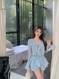 Yipinpay Hot Girl Suit Women's Spring Ruffled V-neck Chiffon Shirt High Waisted Straight Leg Casual Shorts Fashion Two-piece Set
