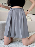 yipinpay Women High Waist Wide Leg Shorts Pants Loose Elegant Office Ladies Suit Shorts Solid Color Pockets Black Slim Pants