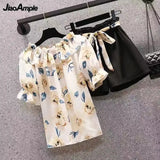 Yipinpay Women's Summer Shorts Suit 2024 New Casual Printed Shirt Top Pants Two Piece Korean Fashion Elegant Short Sleeve Blouse Set