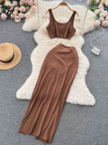 Yipinpay Split Sexy Fashion Two Pieces Suits Summer Mini Camis+Elastic Drawstring Slim Midi Long Skirt Sets Women Solid Suits