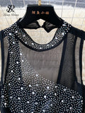 Yipinpay 2024 Women Beading Mesh Long Rompers Fashion Sleeveless Diamond Backless Slim Bodycon Sheer Sexy Jumpsuits