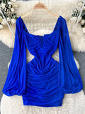 Yipinpay Fashion Sexy Slim Mini Dress Women Ruched Zipper Backless Lantern Sleeve American Streetwear Mesh Party Bodycon Dress