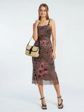 Yipinpay Women Vintage Sling Dress Spaghetti Straps Pleated Flower Print Lace Tulle Patchwork Summer Evening Party Midi Dress