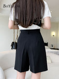 yipinpay Women High Waist Wide Leg Shorts Pants Loose Elegant Office Ladies Suit Shorts Solid Color Pockets Black Slim Pants