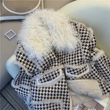 Yipinpay Winter Vintage Thickened Fur Coat Small Fragrant Style Thousand Bird Plaid Lamb Wool Jacket Harajuku Parkas Tops Retro
